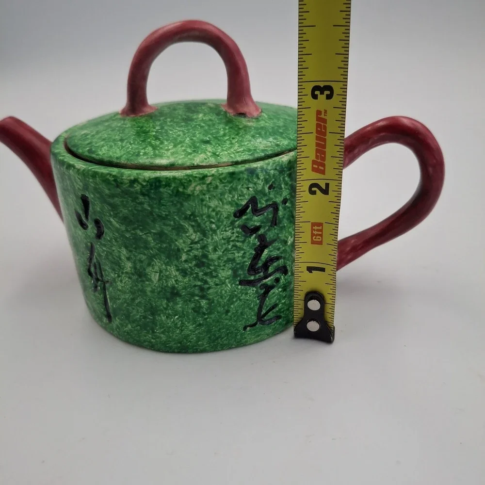 Vintage MMA Metropolitan Museum of Art Green Ceramic Teapot Miniature Calligraph